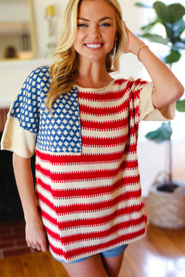 American Flag Jacquard Knit Sweater Top - Coeur de la Mode