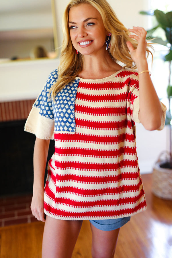 American Flag Jacquard Knit Sweater Top - Coeur de la Mode