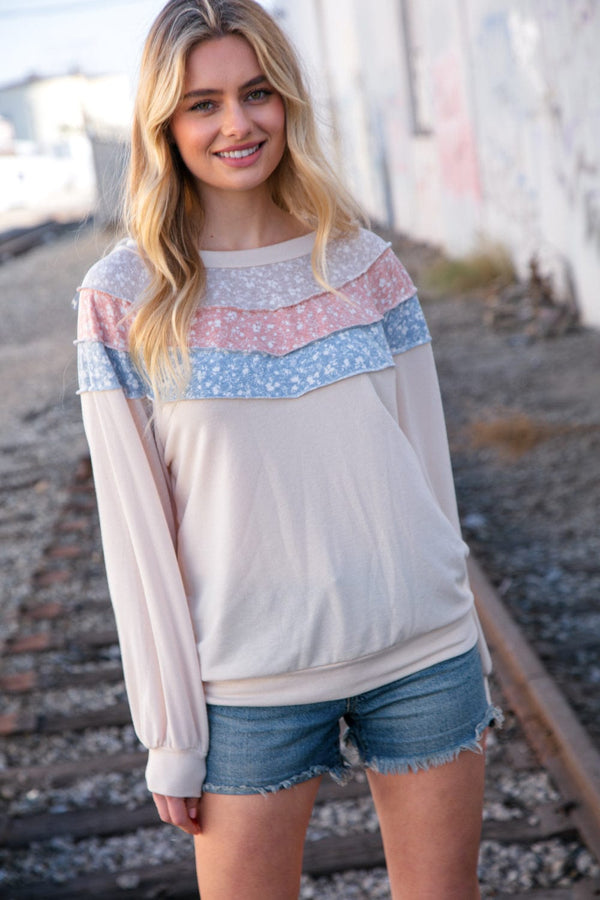 Taupe & Sky Blue Thermal Knit Out Seam Stitch Pullover - Coeur de la Mode