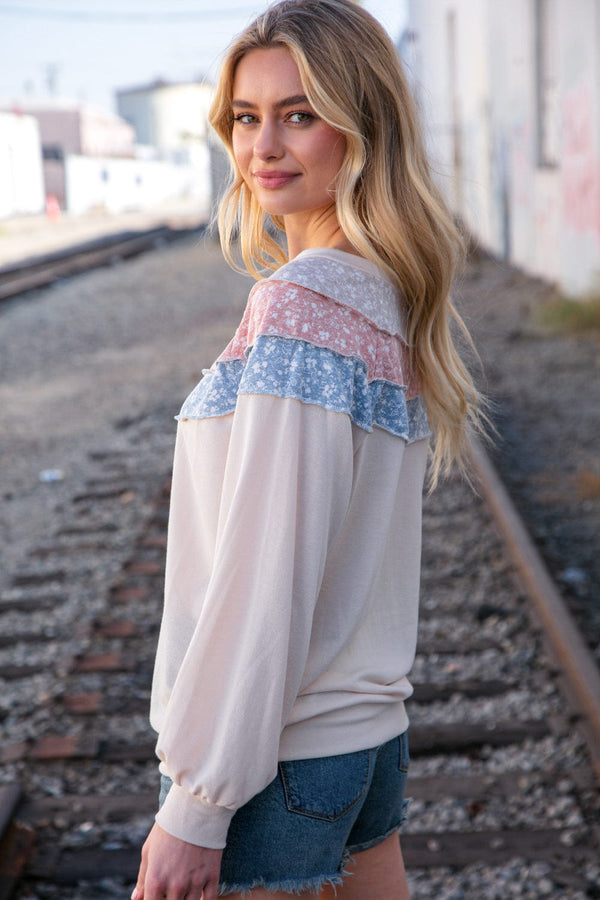 Taupe & Sky Blue Thermal Knit Out Seam Stitch Pullover - Coeur de la Mode