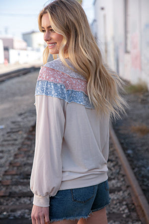 Taupe & Sky Blue Thermal Knit Out Seam Stitch Pullover - Coeur de la Mode