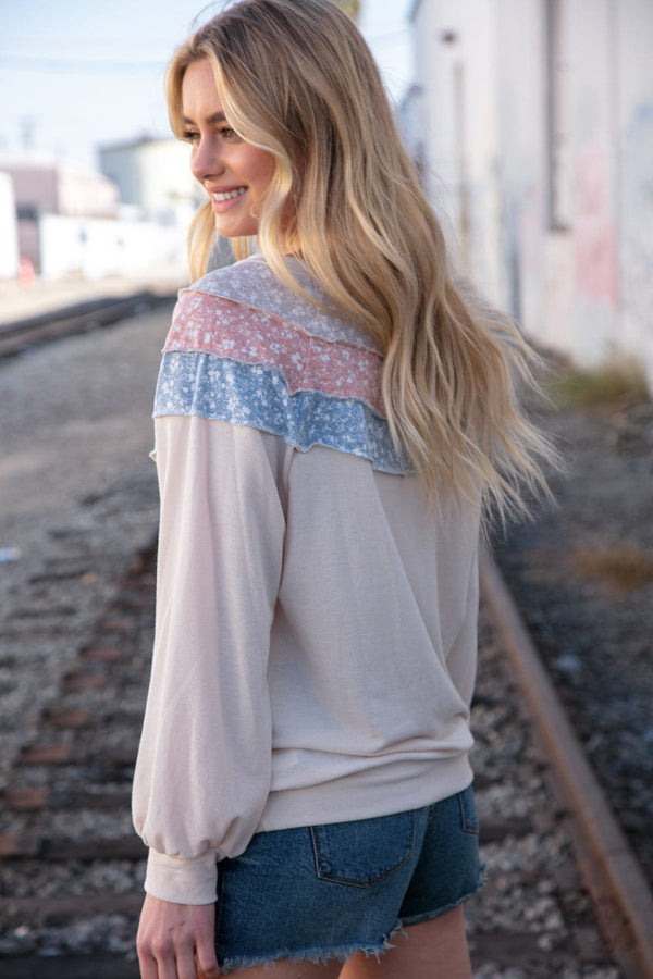 Taupe & Sky Blue Thermal Knit Out Seam Stitch Pullover - Coeur de la Mode