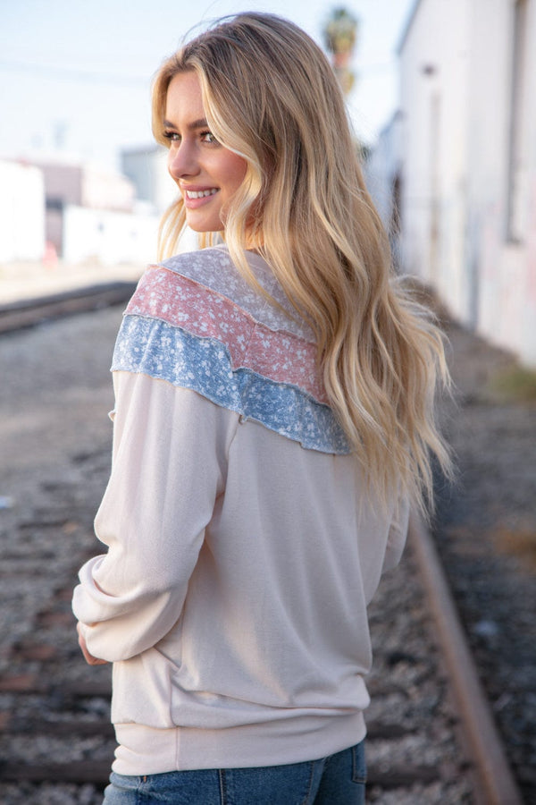 Taupe & Sky Blue Thermal Knit Out Seam Stitch Pullover - Coeur de la Mode