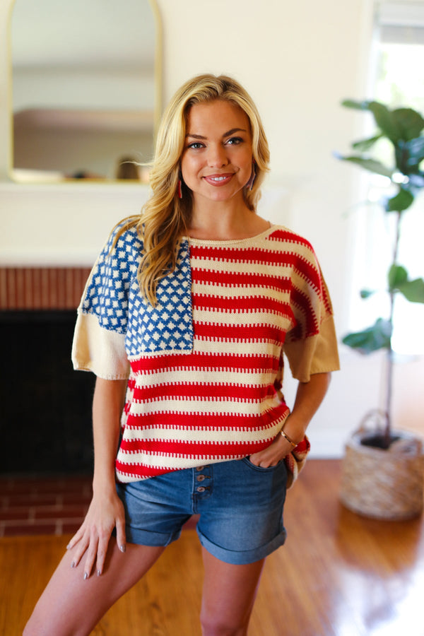 American Flag Jacquard Knit Sweater Top - Coeur de la Mode