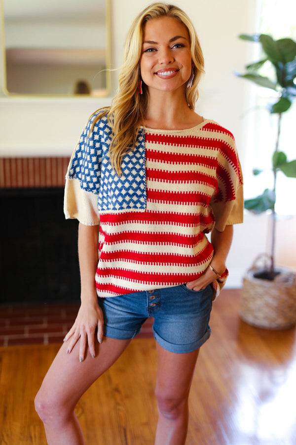 American Flag Jacquard Knit Sweater Top - Coeur de la Mode
