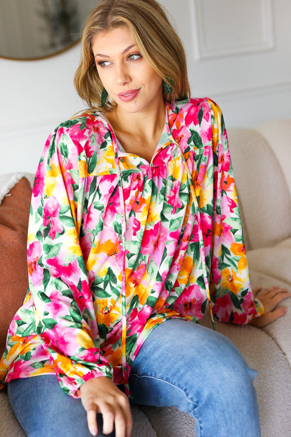 Pretty In Pink Watercolor Floral Yoke Tie Top - Coeur de la Mode