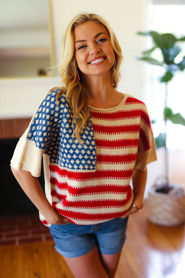 American Flag Jacquard Knit Sweater Top - Coeur de la Mode