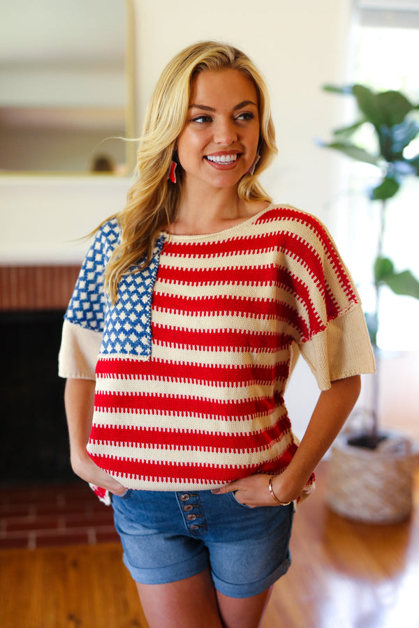 American Flag Jacquard Knit Sweater Top - Coeur de la Mode