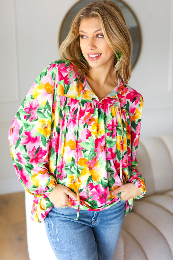 Pretty In Pink Watercolor Floral Yoke Tie Top - Coeur de la Mode