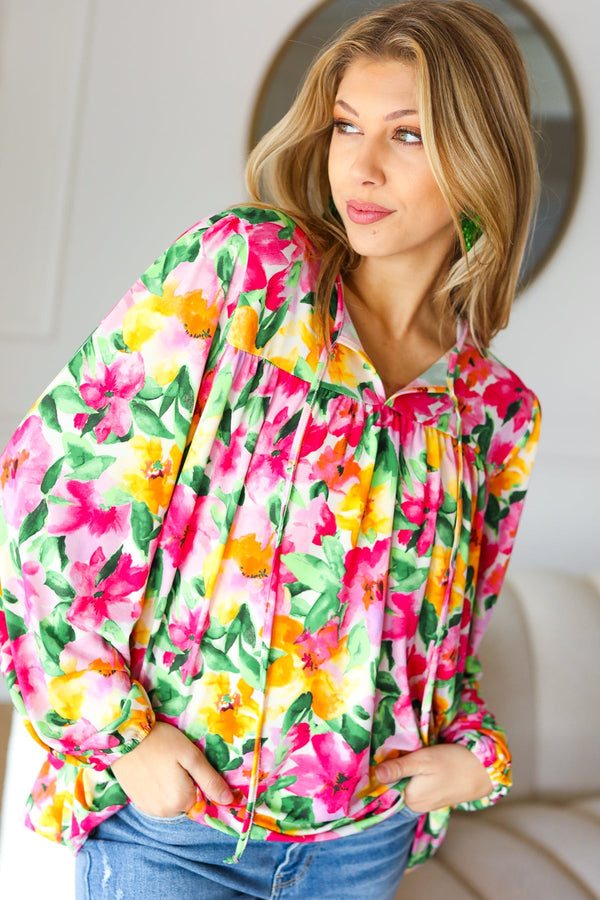 Pretty In Pink Watercolor Floral Yoke Tie Top - Coeur de la Mode