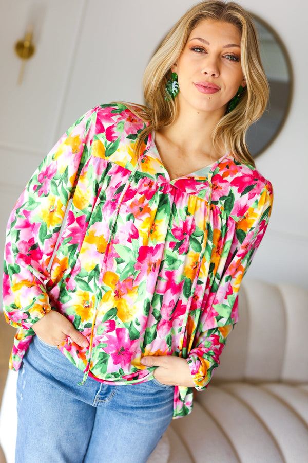 Pretty In Pink Watercolor Floral Yoke Tie Top - Coeur de la Mode