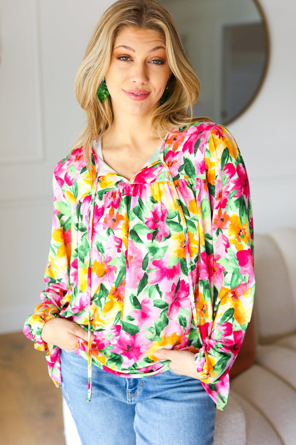 Pretty In Pink Watercolor Floral Yoke Tie Top - Coeur de la Mode