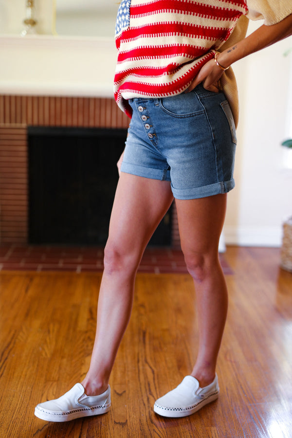 Stars & Stripes Pocket Button Down Cuffed Hem Shorts - Coeur de la Mode