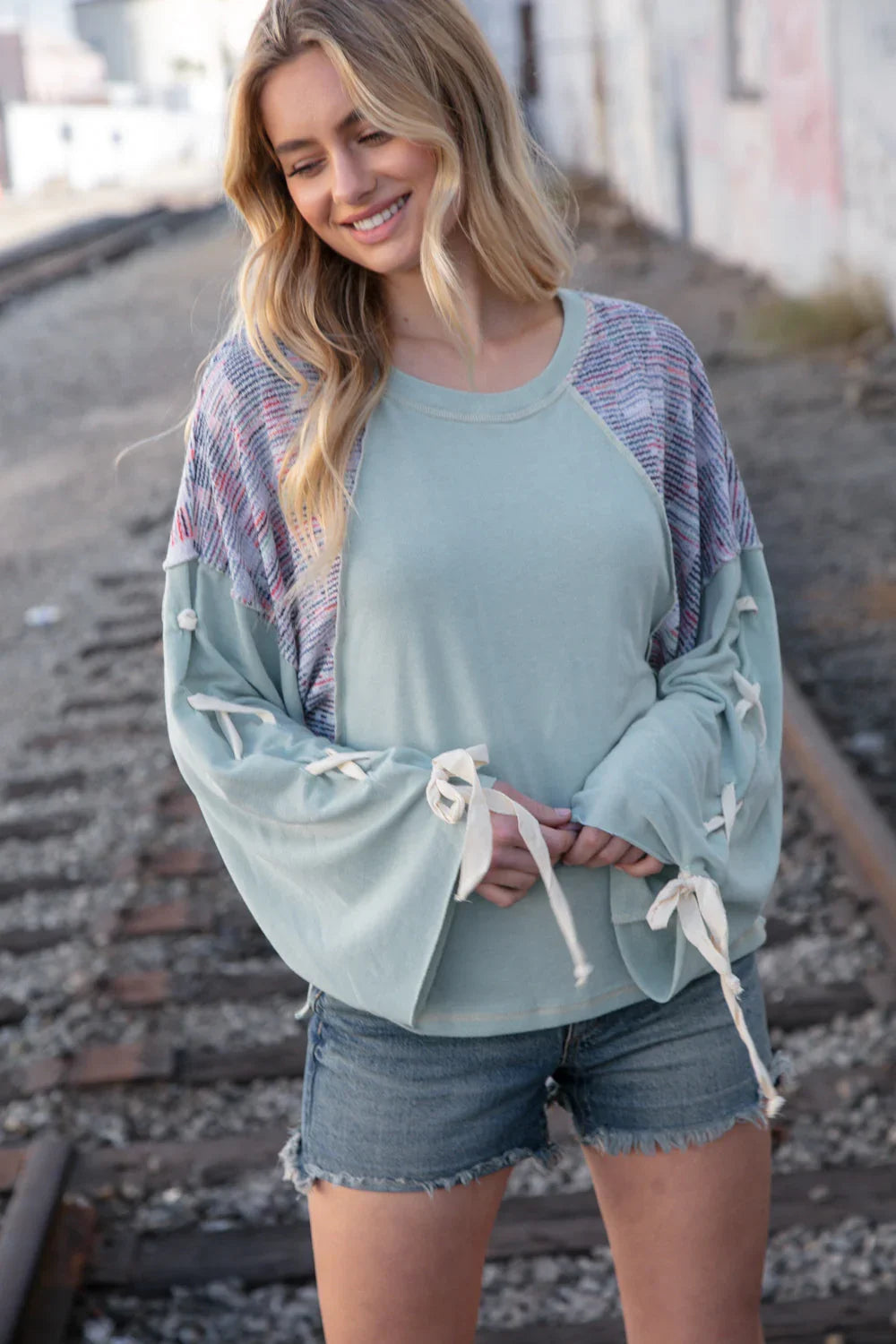 Mint Lace Up Long Sleeve French Terry Oversized Pullover - Coeur de la Mode