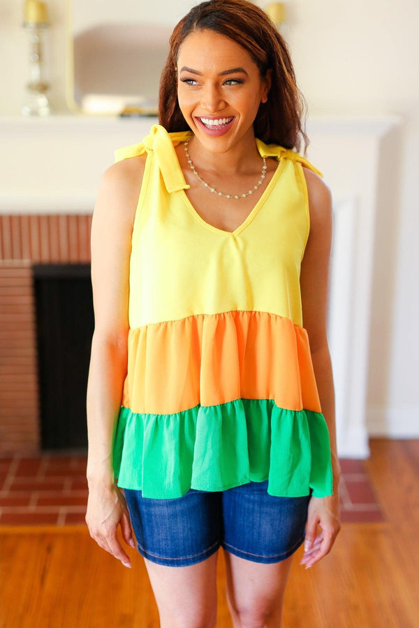 Yellow & Tangerine Tiered Shoulder Tie Crepe Top - Coeur de la Mode