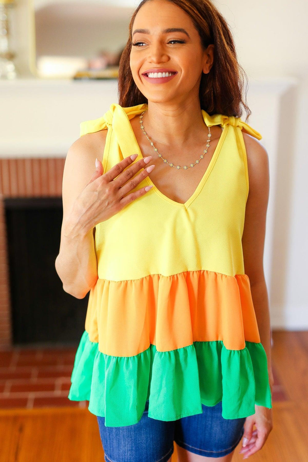 Yellow & Tangerine Tiered Shoulder Tie Crepe Top - Coeur de la Mode
