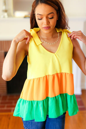 Yellow & Tangerine Tiered Shoulder Tie Crepe Top - Coeur de la Mode