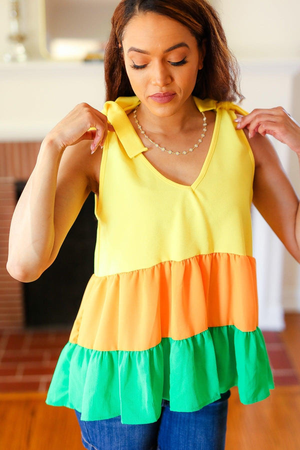 Yellow & Tangerine Tiered Shoulder Tie Crepe Top - Coeur de la Mode