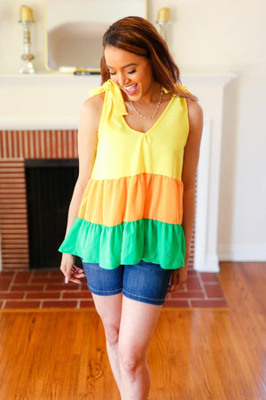 Yellow & Tangerine Tiered Shoulder Tie Crepe Top - Coeur de la Mode