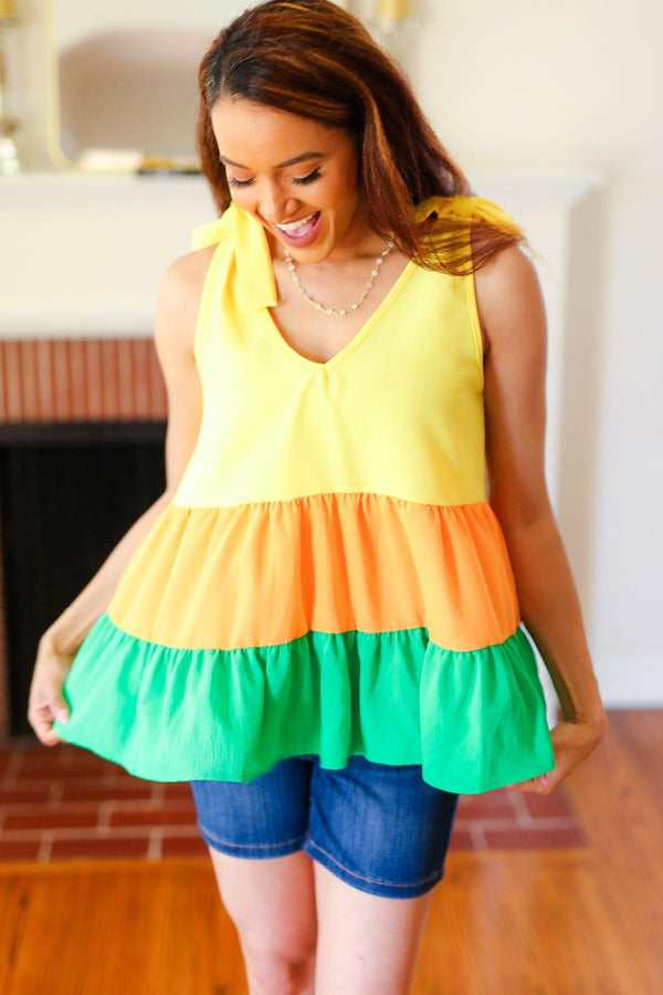 Yellow & Tangerine Tiered Shoulder Tie Crepe Top - Coeur de la Mode