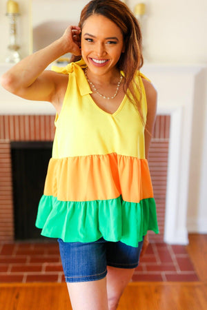 Yellow & Tangerine Tiered Shoulder Tie Crepe Top - Coeur de la Mode