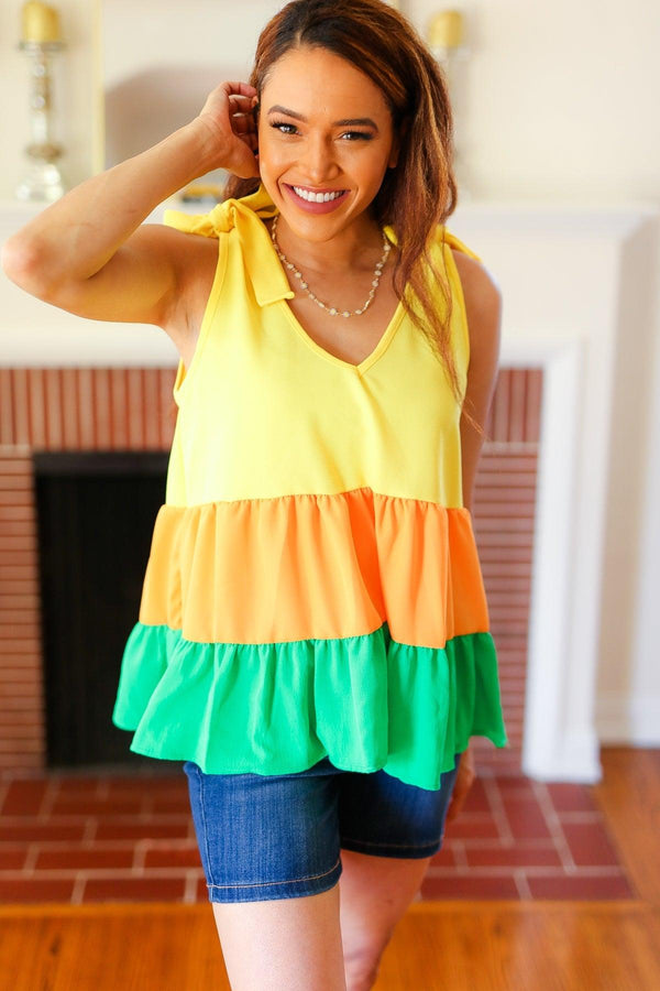 Yellow & Tangerine Tiered Shoulder Tie Crepe Top - Coeur de la Mode
