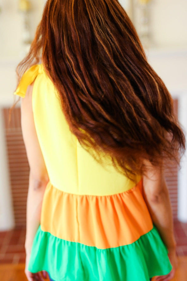 Yellow & Tangerine Tiered Shoulder Tie Crepe Top - Coeur de la Mode