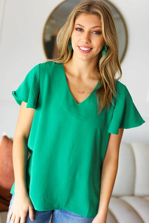 In Your Dreams Emerald Green Flutter Sleeve V Neck Top - Coeur de la Mode