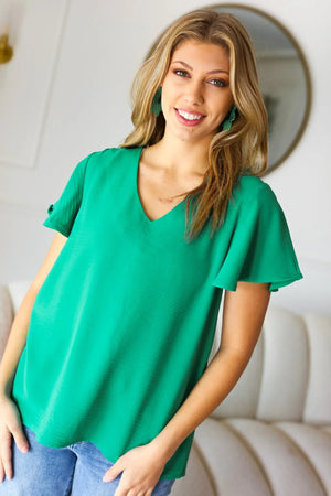 In Your Dreams Emerald Green Flutter Sleeve V Neck Top - Coeur de la Mode