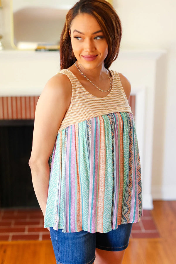 Mustard Two-Tone Boho Print Back Tie Tank - Coeur de la Mode