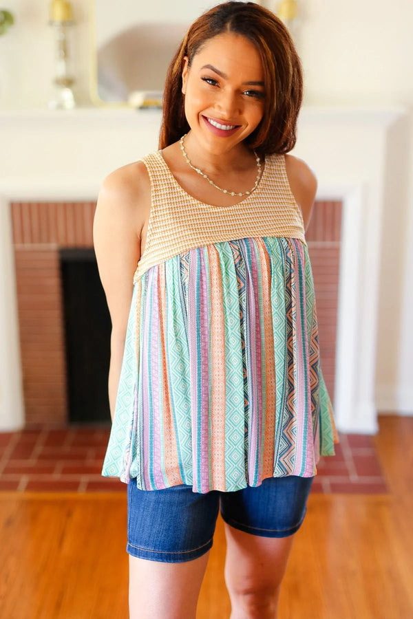 Mustard Two-Tone Boho Print Back Tie Tank - Coeur de la Mode