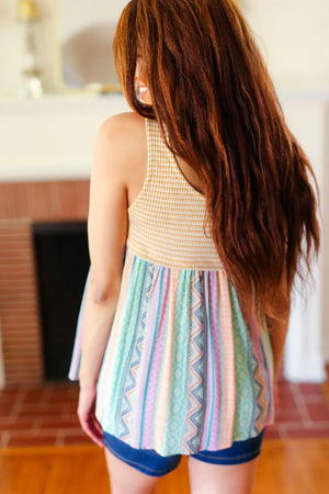 Mustard Two-Tone Boho Print Back Tie Tank - Coeur de la Mode