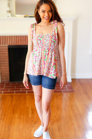 Summer Days Ivory & Fuchsia Floral Smocked Shoulder Tie Top - Coeur de la Mode