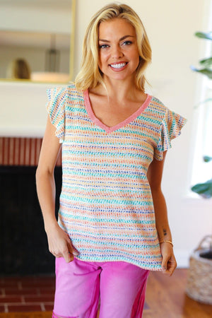 Sunny Days Coral Two Tone Striped Textured Knit V Neck Top - Coeur de la Mode