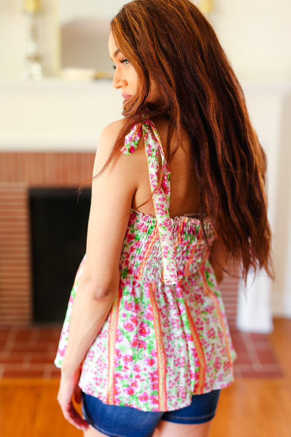 Summer Days Ivory & Fuchsia Floral Smocked Shoulder Tie Top - Coeur de la Mode