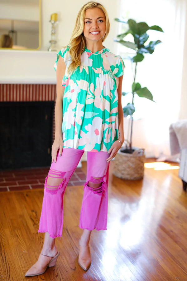 Feeling Joyful Aqua Floral Mock Neck Flutter Sleeve Top - Coeur de la Mode
