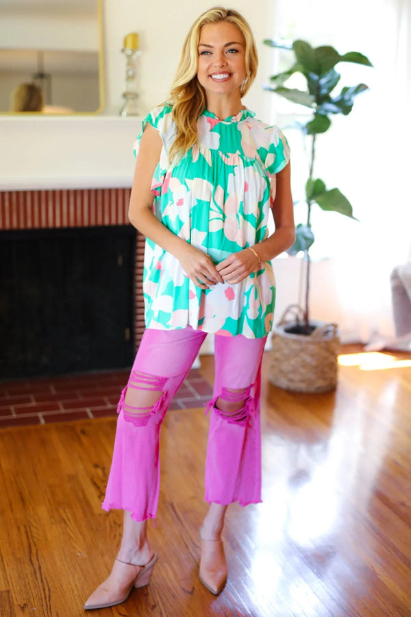 Feeling Joyful Aqua Floral Mock Neck Flutter Sleeve Top - Coeur de la Mode