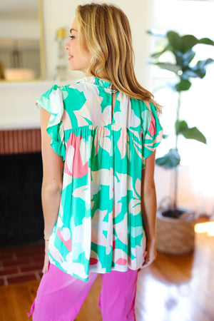 Feeling Joyful Aqua Floral Mock Neck Flutter Sleeve Top - Coeur de la Mode