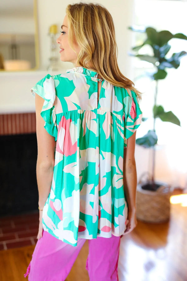 Feeling Joyful Aqua Floral Mock Neck Flutter Sleeve Top - Coeur de la Mode