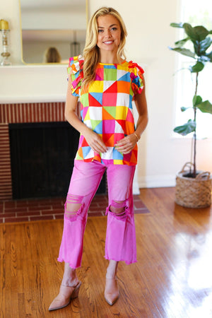 You Got This Red Geometric Print Double Ruffle Sleeve Top - Coeur de la Mode