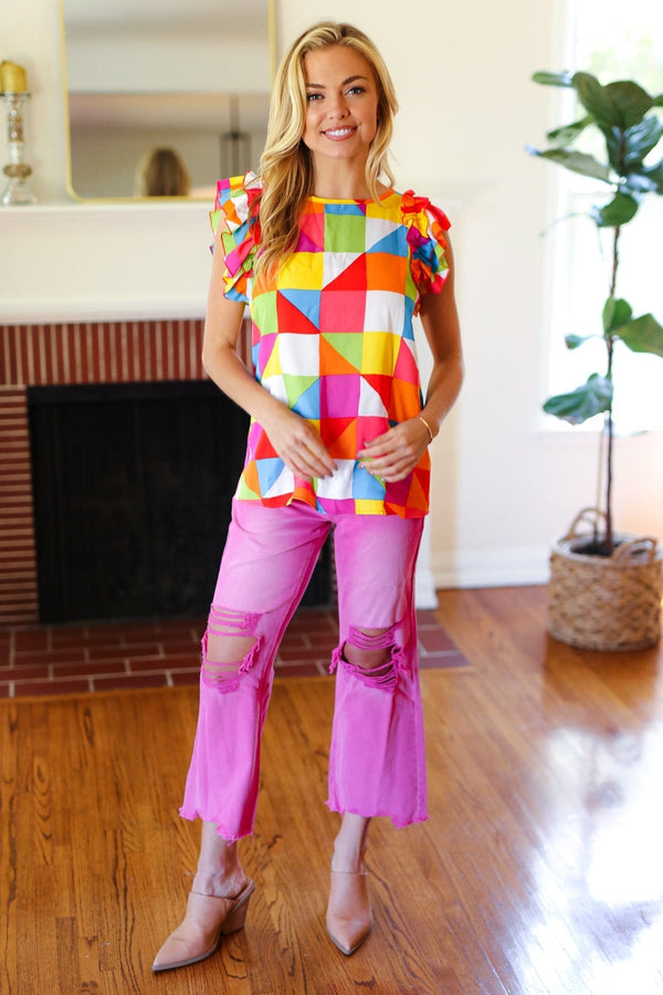 You Got This Red Geometric Print Double Ruffle Sleeve Top - Coeur de la Mode