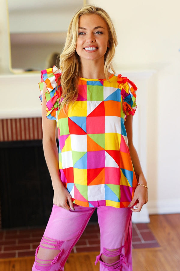 You Got This Red Geometric Print Double Ruffle Sleeve Top - Coeur de la Mode