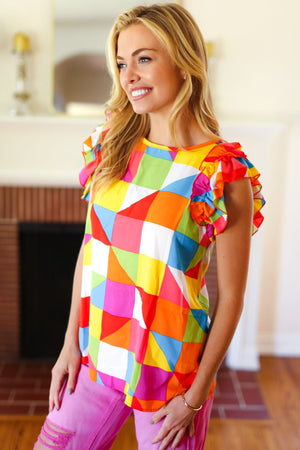 You Got This Red Geometric Print Double Ruffle Sleeve Top - Coeur de la Mode