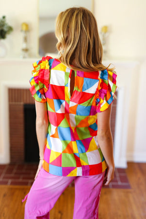 You Got This Red Geometric Print Double Ruffle Sleeve Top - Coeur de la Mode