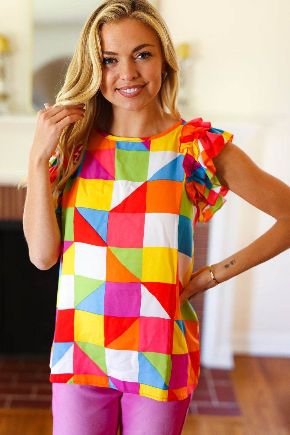 You Got This Red Geometric Print Double Ruffle Sleeve Top - Coeur de la Mode