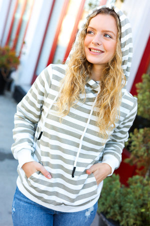 Vintage Olive Striped Cowl Neck Cotton Terry Hoodie - Coeur de la Mode