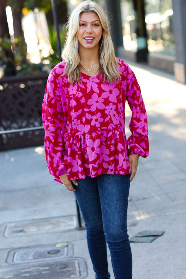 Red & Magenta Floral V Neck Woven Babydoll Top - Coeur de la Mode