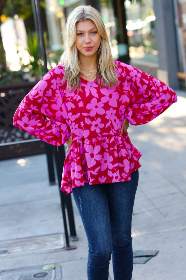 Red & Magenta Floral V Neck Woven Babydoll Top - Coeur de la Mode