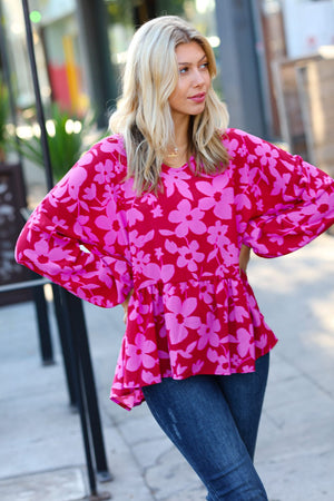 Red & Magenta Floral V Neck Woven Babydoll Top - Coeur de la Mode