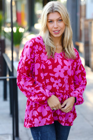 Red & Magenta Floral V Neck Woven Babydoll Top - Coeur de la Mode